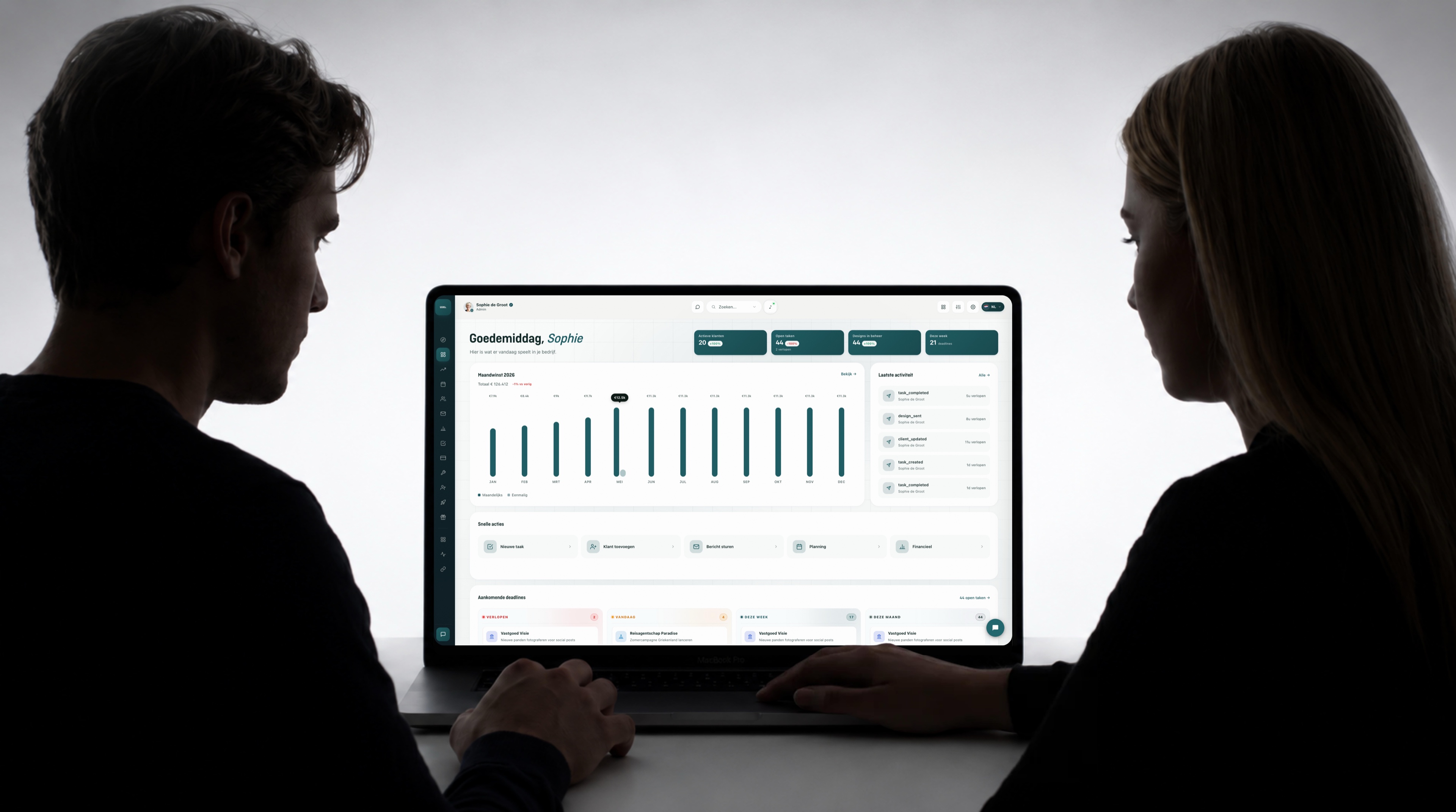Twee professionals werken samen in het Senly-platform