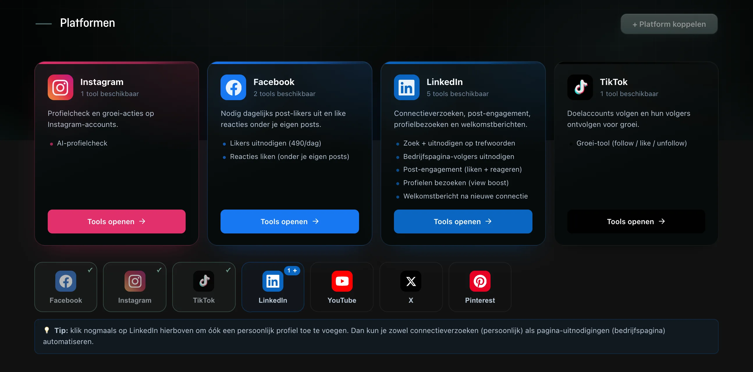 De groeiprogramma's per platform in het Senly-portaal